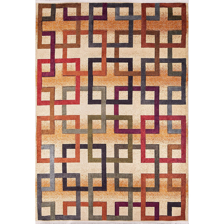 Geometric Rug|Machine-Washable Non-Slip Rug|Farmhouse Boho Washable Carpet|Housewarming Area Rug with Squares|Multi-Purpose Anti-Slip Carpet