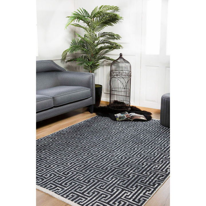 Greek Key Rug|Machine-Washable Rug|Black Gray Geometric Non-Slip Carpet|Washable Floor Carpet|Decorative Multi-Purpose Anti-Slip Area Rug