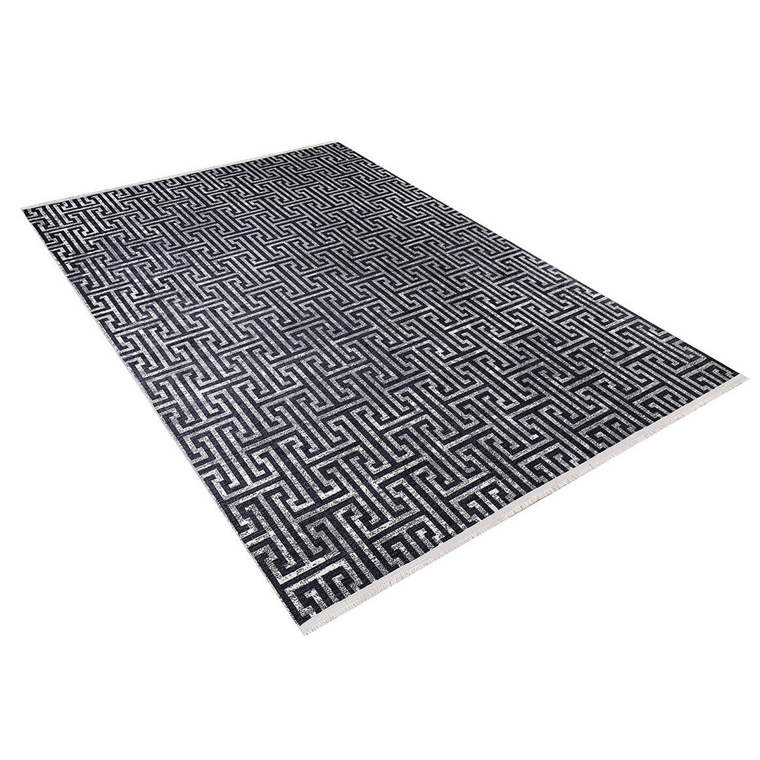 Greek Key Rug|Machine-Washable Rug|Black Gray Geometric Non-Slip Carpet|Washable Floor Carpet|Decorative Multi-Purpose Anti-Slip Area Rug