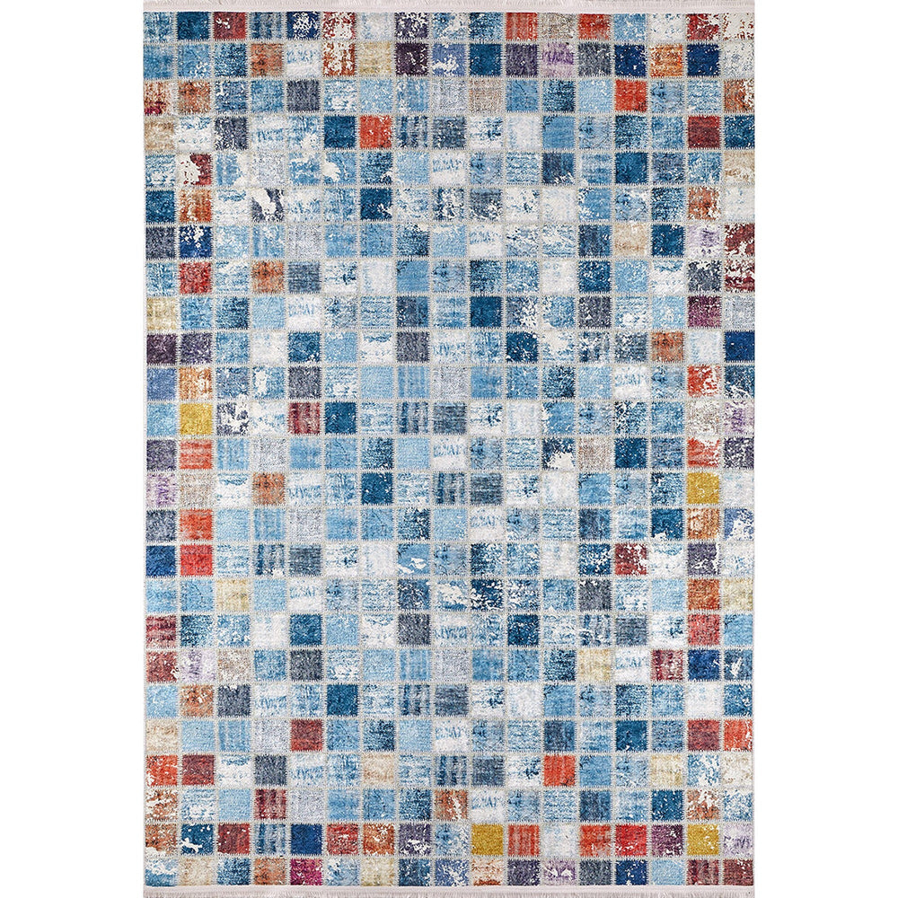 Patchwork Style Rug|Machine-Washable Non-Slip Rug|Blue Plaid Farmhouse Washable Carpet|Decorative Area Rug|Multi-Purpose Anti-Slip Carpet