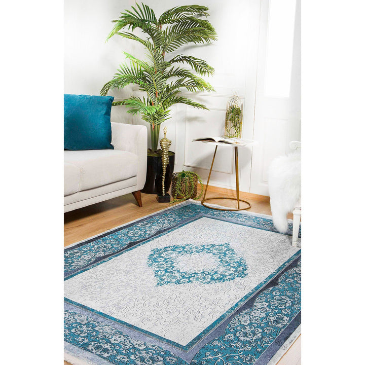 Avantgarde Rug|Machine-Washable Non-Slip Rug|Blue Beige Color Geometric Washable Carpet|Decorative Area Rug|Multi-Purpose Anti-Slip Carpet