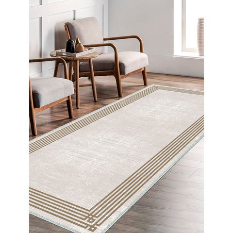 Geometric Brown Bordered Beige Rug