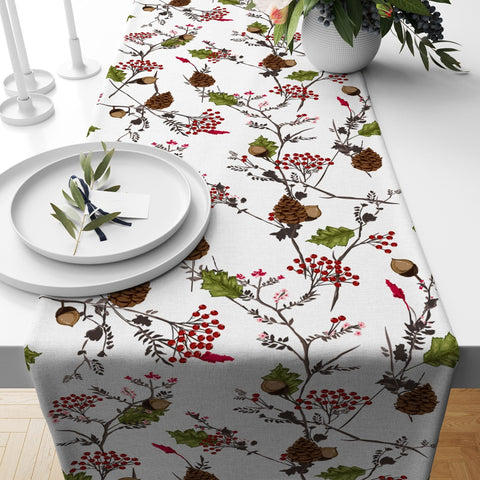 Christmas Table Runner|Winter Trend Tablecloth|Snowman and Red Berries Home Decor|Bird and Squirrel Print Runner|Farmhouse Xmas Tabletop