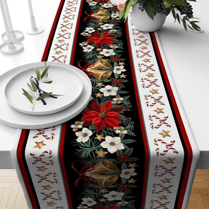 Christmas Table Runner|Winter Trend Tablecloth|Red Poinsettia and Berries Home Decor|Striped Floral Print Runner|Farmhouse Xmas Tabletop