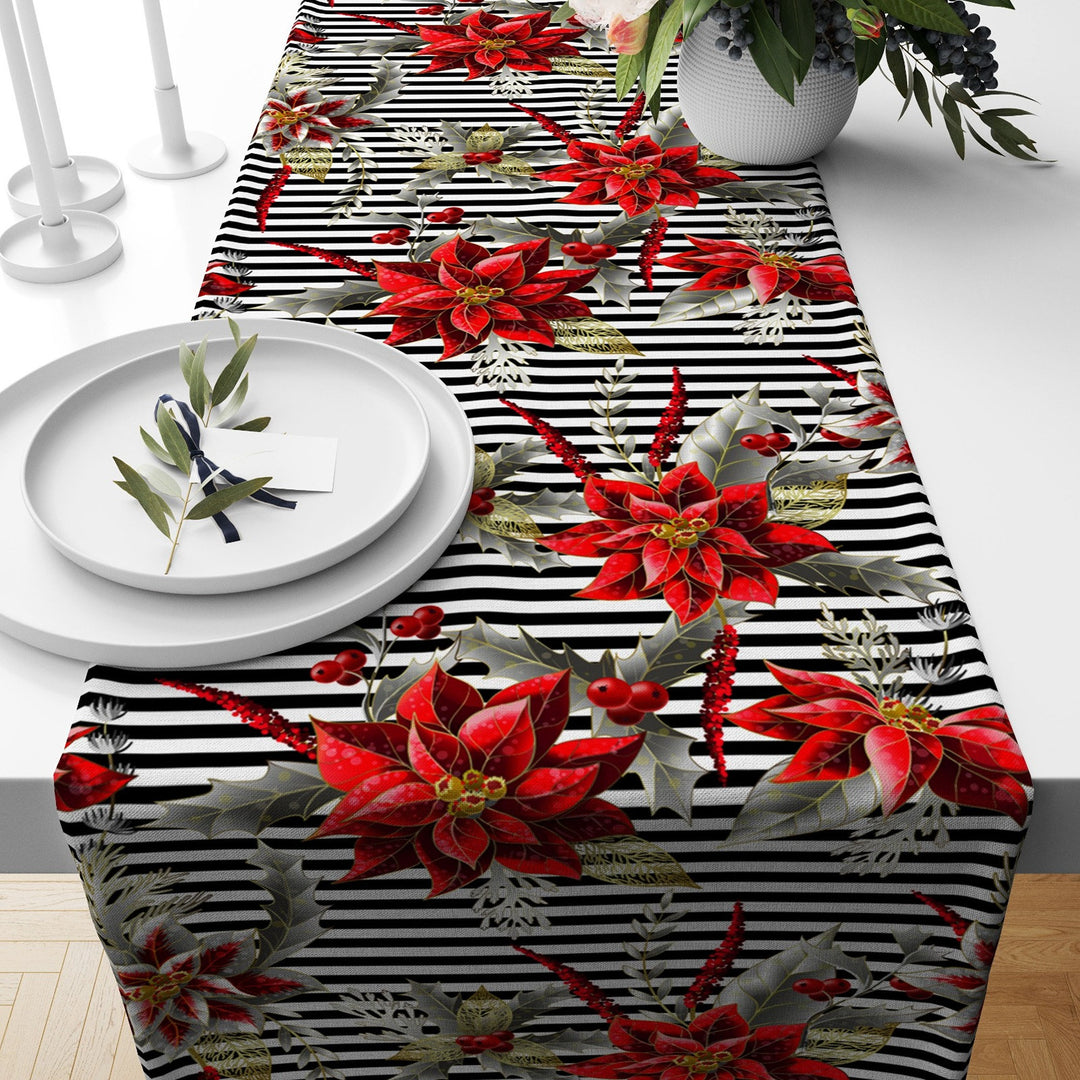 Christmas Table Runner|Winter Trend Tablecloth|Red Poinsettia and Berries Home Decor|Striped Floral Print Runner|Farmhouse Xmas Tabletop