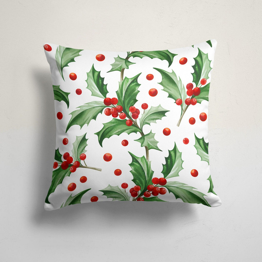 Winter Trend Pillow Cover|Red Berries Cushion Case|Decorative Christmas Pillow Case|Xmas Throw Pillowtop|Green Leaves Print Cushion Cover