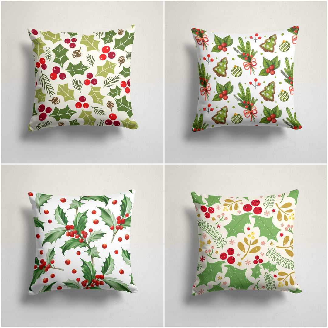 Winter Trend Pillow Cover|Red Berries Cushion Case|Decorative Christmas Pillow Case|Xmas Throw Pillowtop|Green Leaves Print Cushion Cover