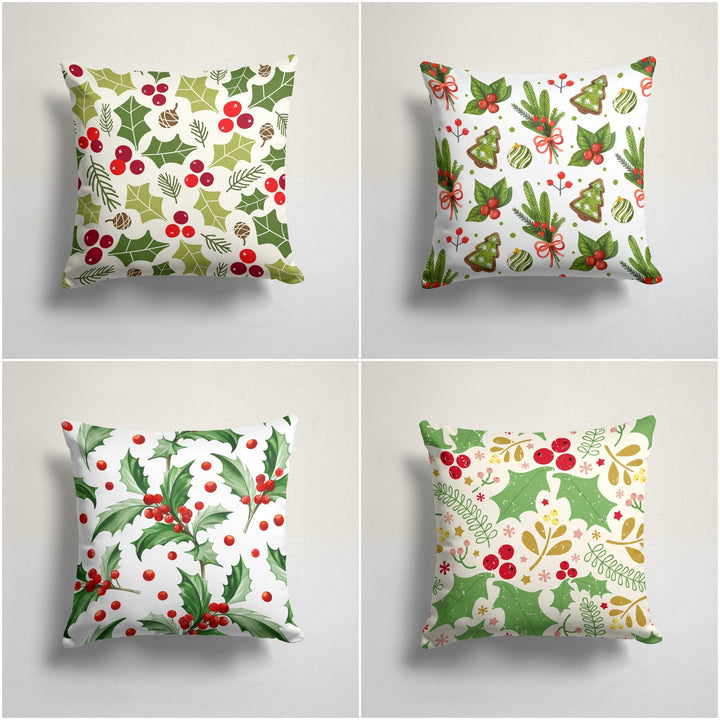 Winter Trend Pillow Cover|Red Berries Cushion Case|Decorative Christmas Pillow Case|Xmas Throw Pillowtop|Green Leaves Print Cushion Cover