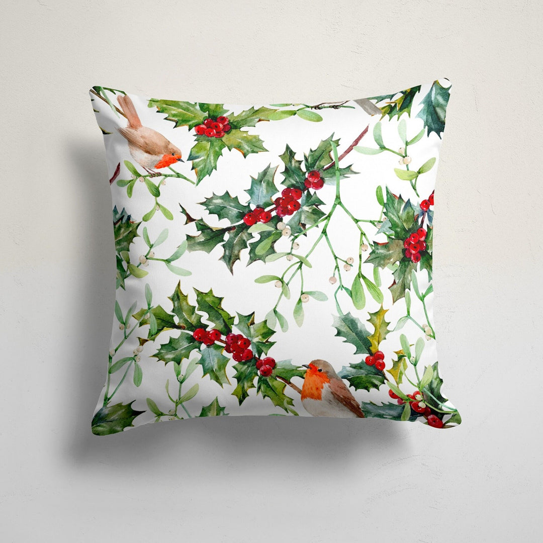 Winter Trend Pillow Cover|Bird Print Cushion Case|Decorative Christmas Pillow Case|Xmas Throw Pillowtop|Floral Red Bird and Berries Cushion