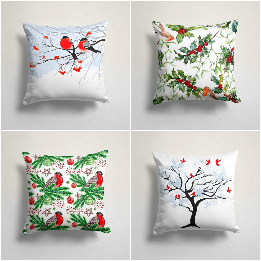 Winter Trend Pillow Cover|Bird Print Cushion Case|Decorative Christmas Pillow Case|Xmas Throw Pillowtop|Floral Red Bird and Berries Cushion