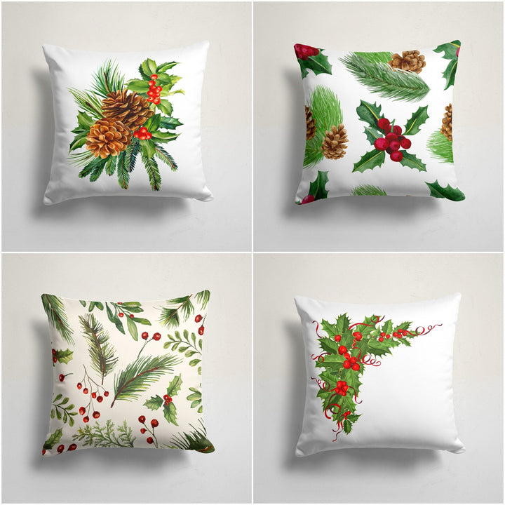 Winter Trend Pillow Cover|Pine Cone Cushion Case|Decorative Pine Tree Needles and Red Berries Christmas Pillow Case|Xmas Throw Pillowtop