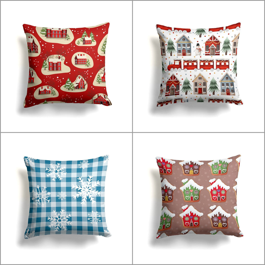 Winter Trend Pillow Cover|Snow House Cushion Case|Plaid Snowflake Print Pillow Case|Xmas Throw Pillowtop|Pine Tree and House Cushion Cover