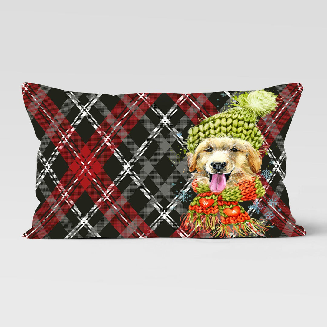 Winter Cushion Case|Dog Print Lumbar Pillowcase|Plaid Animal Home Decor|Xmas Trend Rectangle Pillow Cover|Dog with Santa Hat Cushion Cover