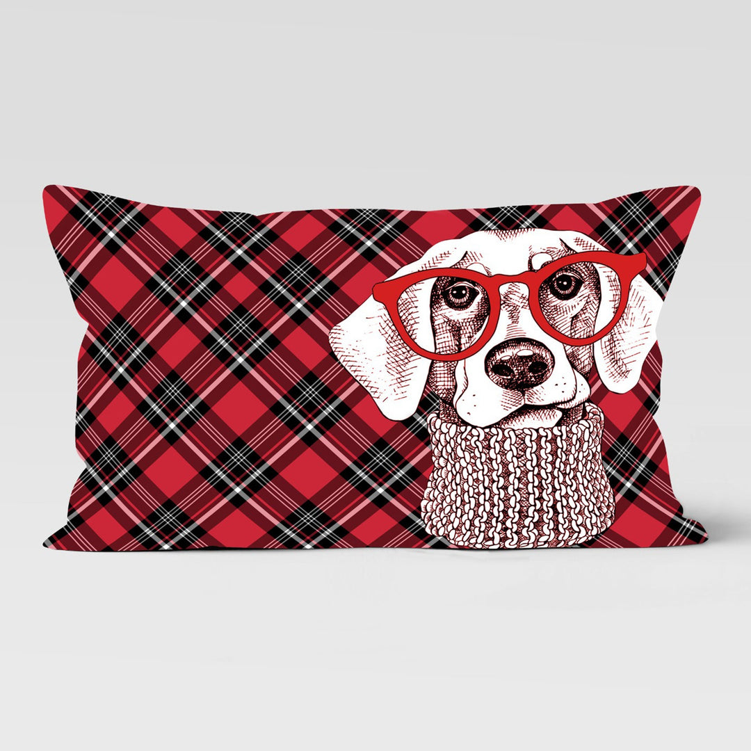 Winter Cushion Case|Dog Print Lumbar Pillowcase|Plaid Animal Home Decor|Xmas Trend Rectangle Pillow Cover|Dog with Santa Hat Cushion Cover