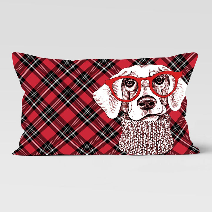 Winter Cushion Case|Dog Print Lumbar Pillowcase|Plaid Animal Home Decor|Xmas Trend Rectangle Pillow Cover|Dog with Santa Hat Cushion Cover