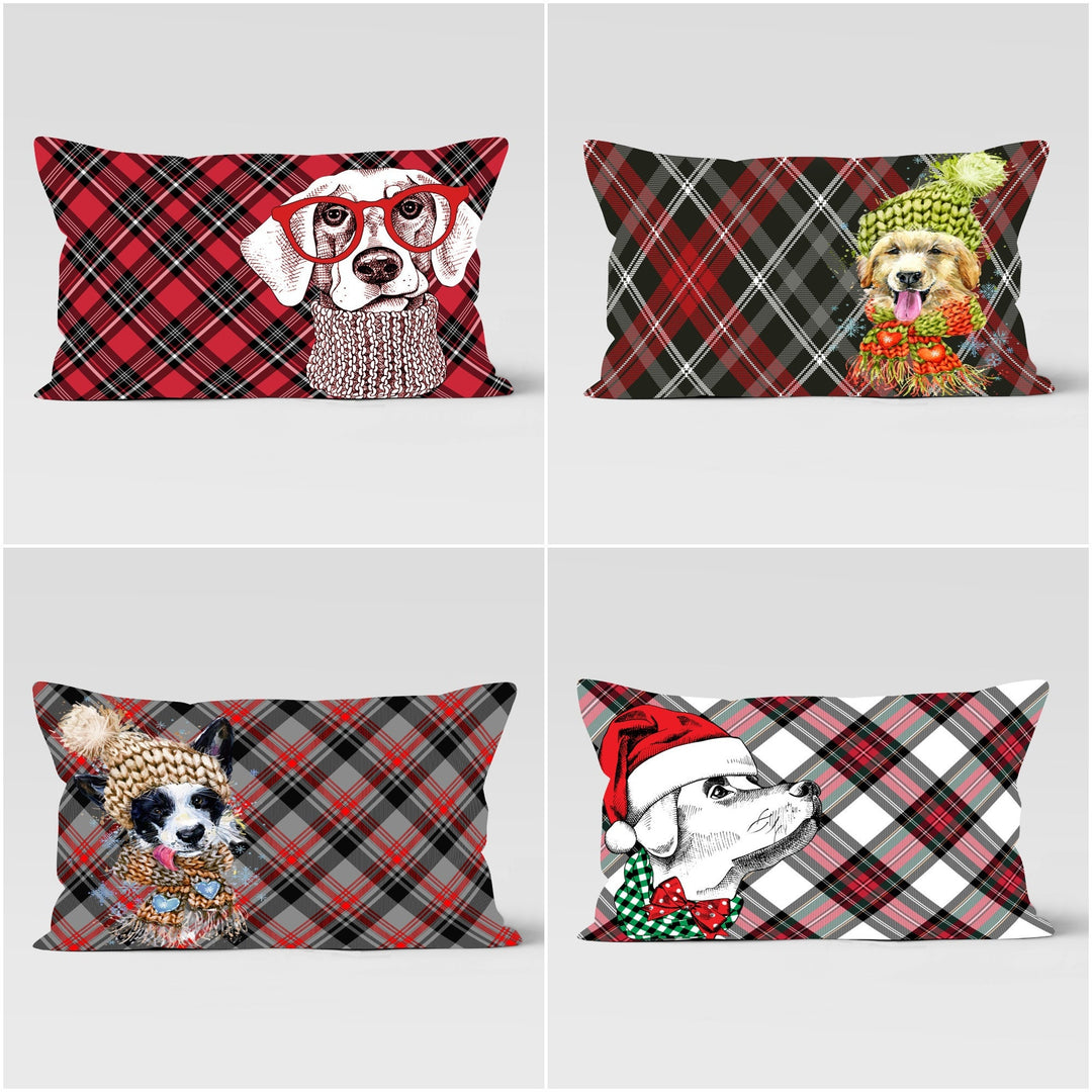 Winter Cushion Case|Dog Print Lumbar Pillowcase|Plaid Animal Home Decor|Xmas Trend Rectangle Pillow Cover|Dog with Santa Hat Cushion Cover