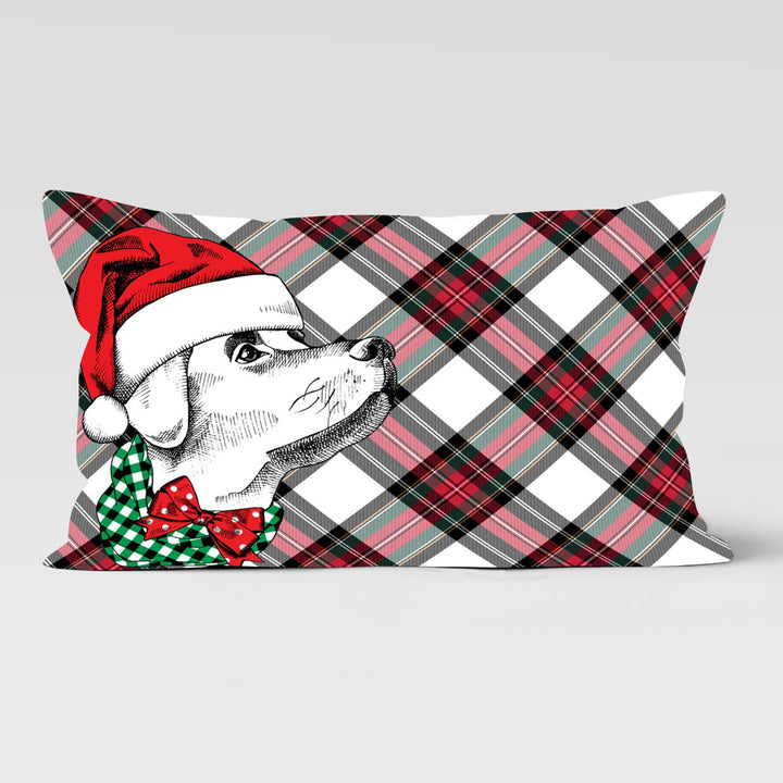 Winter Cushion Case|Dog Print Lumbar Pillowcase|Plaid Animal Home Decor|Xmas Trend Rectangle Pillow Cover|Dog with Santa Hat Cushion Cover