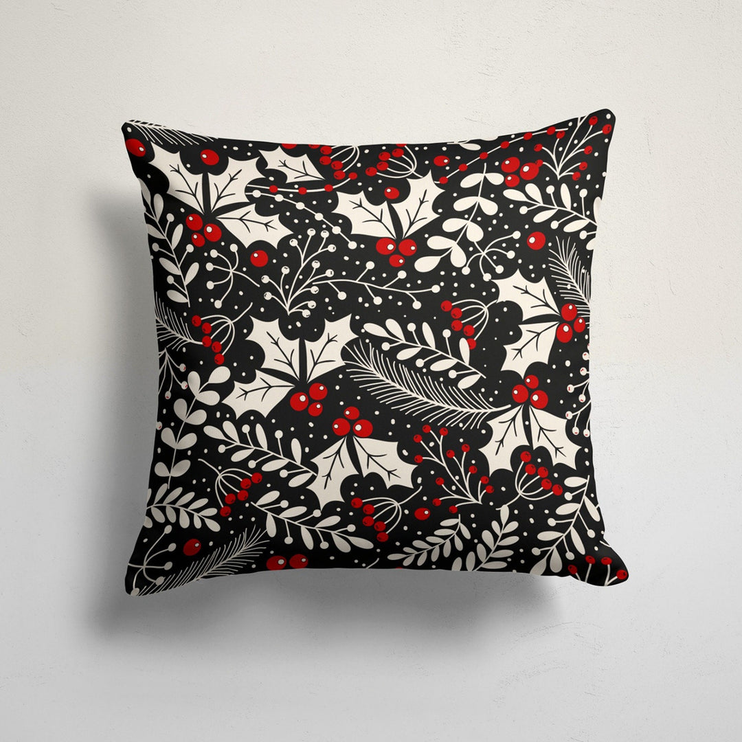 Winter Trend Pillow Cover|Red Berries Cushion Case|Decorative Red Poinsettia Pillow Case|Xmas Throw Pillowtop|Green Leaves Cushion Cover