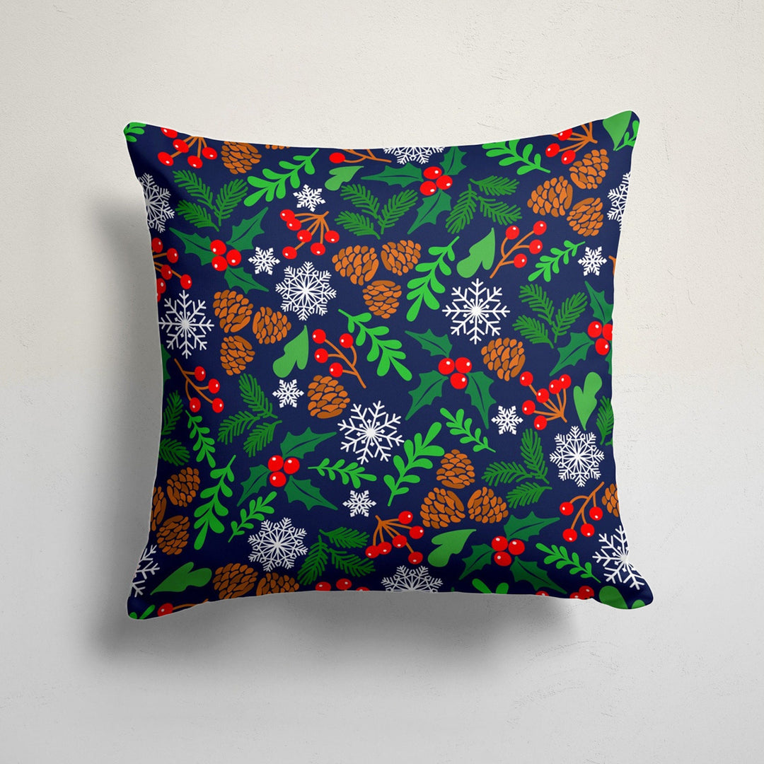 Winter Trend Pillow Cover|Red Berries Cushion Case|Decorative Red Poinsettia Pillow Case|Xmas Throw Pillowtop|Green Leaves Cushion Cover