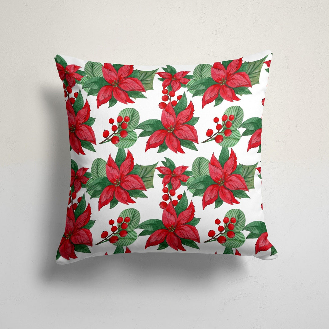 Winter Trend Pillow Cover|Red Berries Cushion Case|Decorative Red Poinsettia Pillow Case|Xmas Throw Pillowtop|Green Leaves Cushion Cover