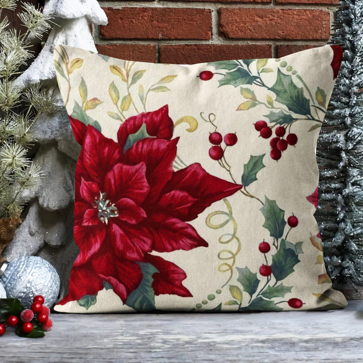 Winter Trend Pillow Cover|Red Poinsettia Cushion Case|Red Berries and Pine Cone Pillow Case|Xmas Throw Pillowtop|Bird with Berries Cushion