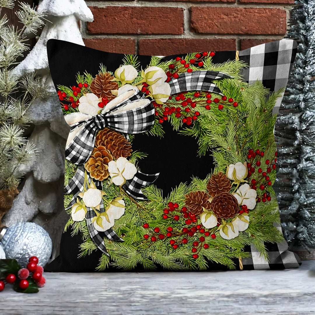 Winter Trend Pillow Cover|Red Poinsettia Cushion Case|Red Berries and Pine Cone Pillow Case|Xmas Throw Pillowtop|Bird with Berries Cushion