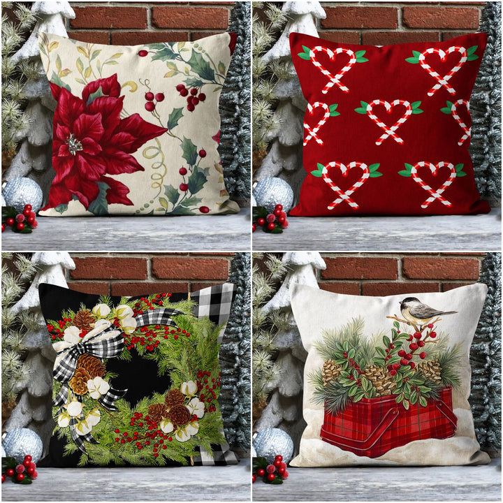 Winter Trend Pillow Cover|Red Poinsettia Cushion Case|Red Berries and Pine Cone Pillow Case|Xmas Throw Pillowtop|Bird with Berries Cushion