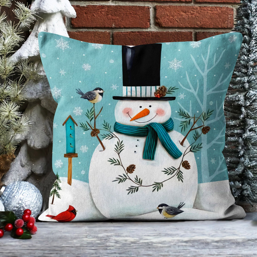 Winter Trend Pillow Cover|Snowman Cushion Case|Decorative Snowman and Bird Pillow Case|Xmas Throw Pillowtop|Outdoor Winter Cushion Cover