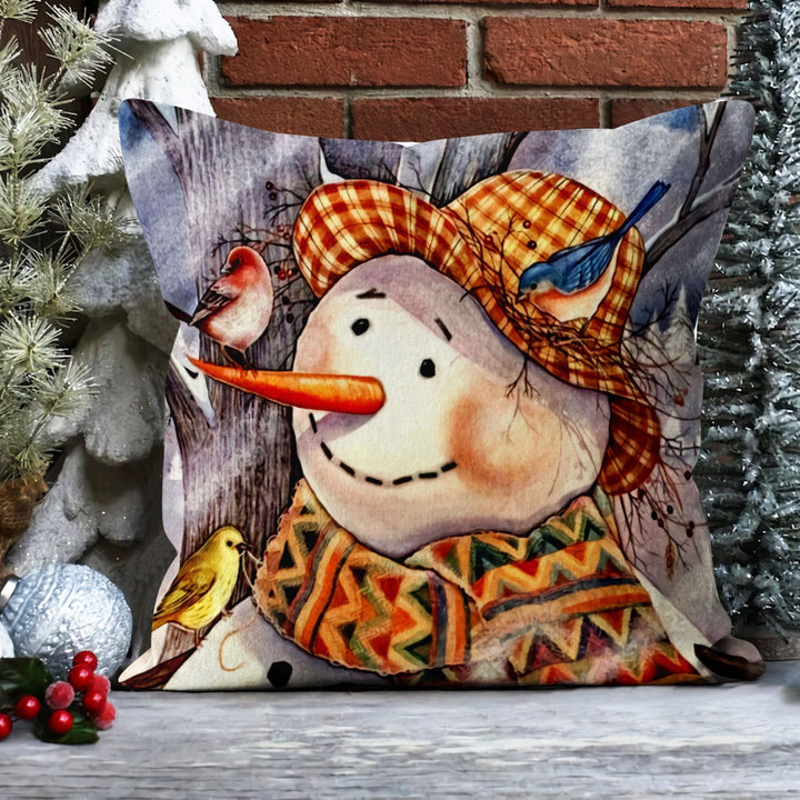 Winter Trend Pillow Cover|Snowman Cushion Case|Decorative Snowman and Bird Pillow Case|Xmas Throw Pillowtop|Outdoor Winter Cushion Cover