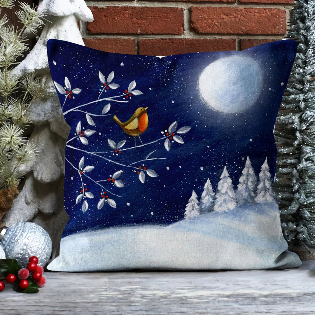 Winter Pillow Case|Cute Cat and Dog Throw Pillowtop|Bird and Snow Print Cushion|Decorative Farmhouse Style Pillow|Moon in Winter Cushion