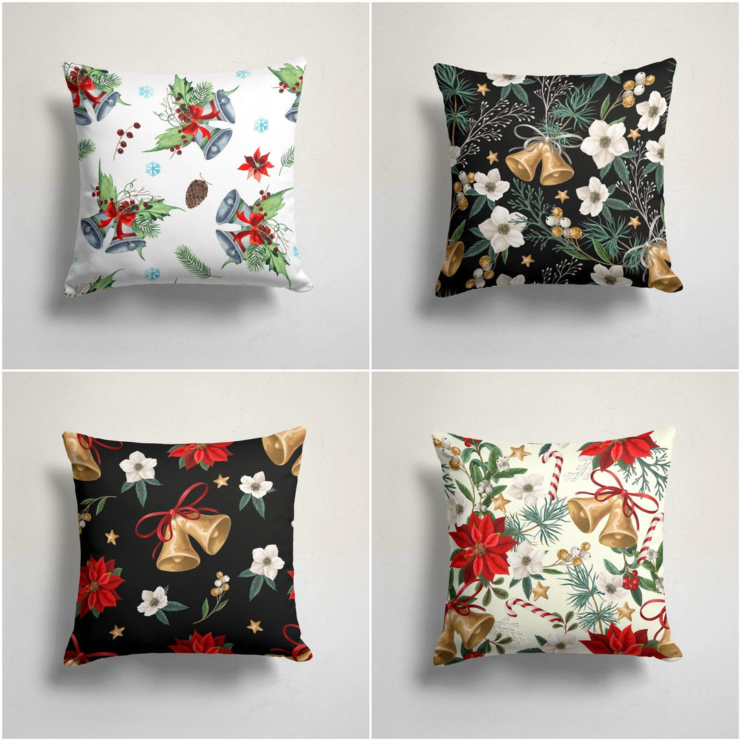 Christmas Pillow Cover|Xmas Bell Cushion Case|Red Berry, Flowers and Leaves Home Decor|Winter Trend Pillow Case|Red Poinsettia Cushion Cover