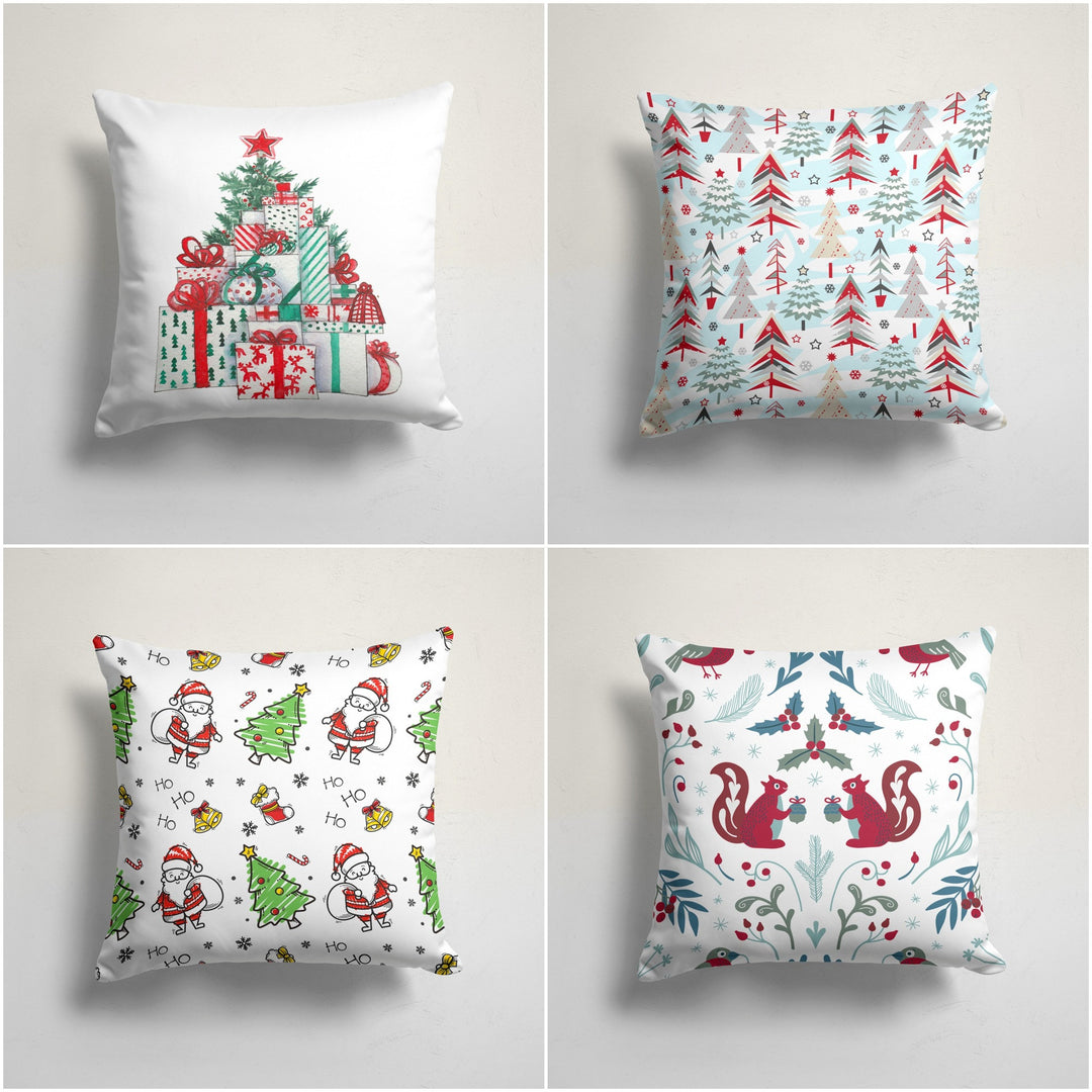 Christmas Pillow Cover|Xmas Gift Box Cushion Case|Pine Tree and Squirrel Home Decor|Winter Trend Pillow Case|Santa Claus Print Cushion Cover