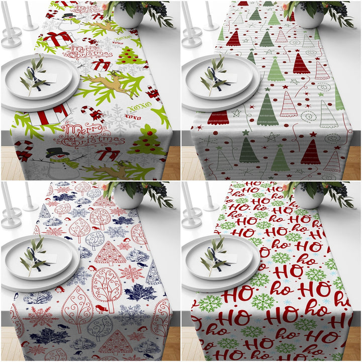 Christmas Table Runner|Winter Trend Tablecloth|Merry Xmas and Ho Ho Print Home Decor|Xmas Tree and Deer Runner|Farmhouse Winter Tabletop