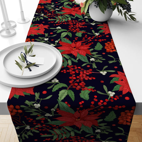 Winter Table Runner|Christmas Tablecloth|Red Cardinal Bird and Berries Home Decor|Green Leaves Print Christmas Runner|Farmhouse Xmas Decor