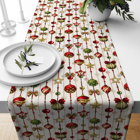 Christmas Table Runner|Winter Trend Tablecloth|Xmas Ornaments and Pine Tree Needles Home Decor|Farmhouse Style Xmas Bell Print Tabletop