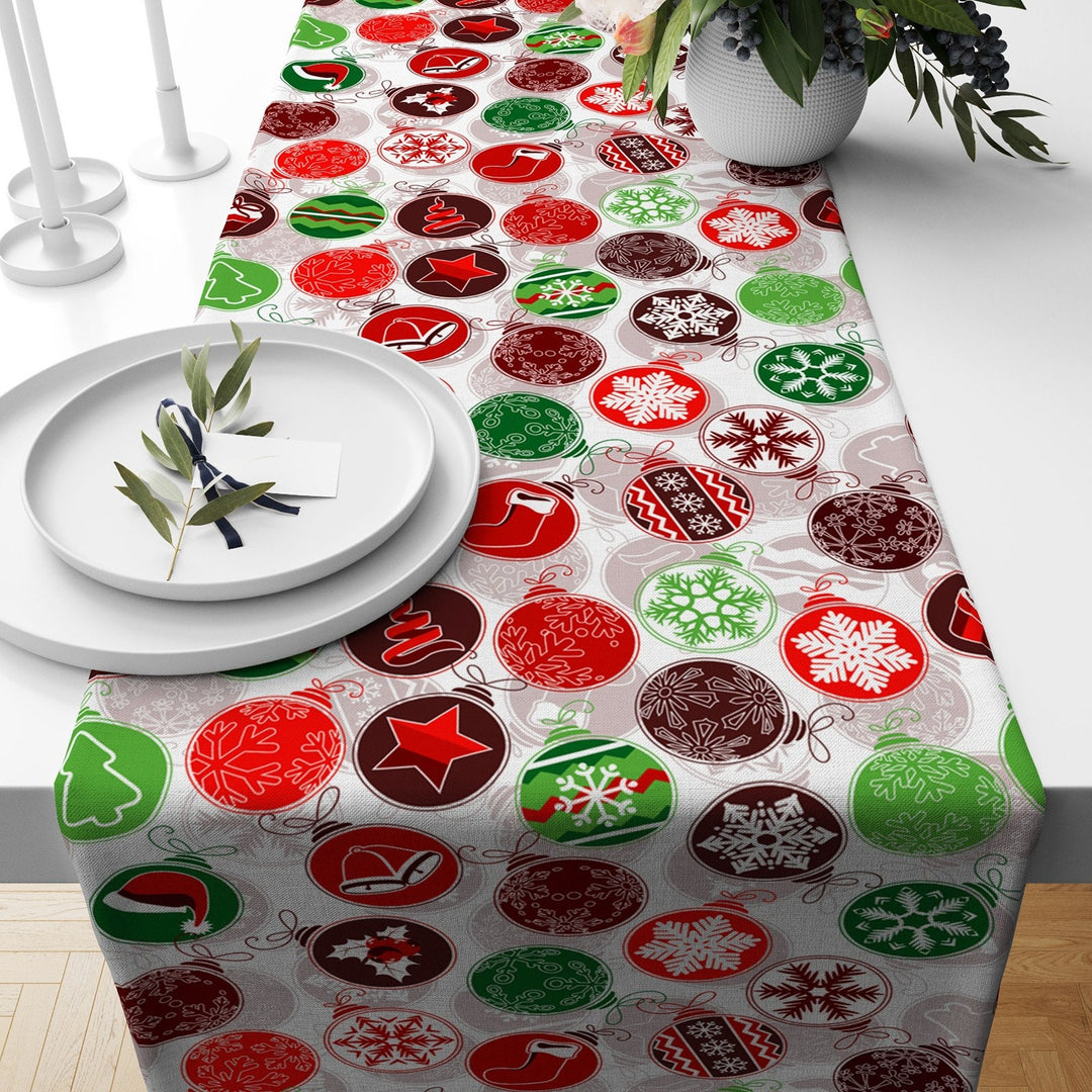 Christmas Table Runner|Winter Trend Tablecloth|Xmas Ornaments and Pine Tree Needles Home Decor|Farmhouse Style Xmas Bell Print Tabletop