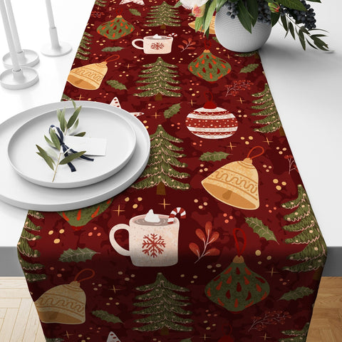 Christmas Table Runner|Winter Trend Tablecloth|Floral Xmas Bell Home Decor|Christmas Bell Print Runner|Decorative Farmhouse Xmas Tabletop