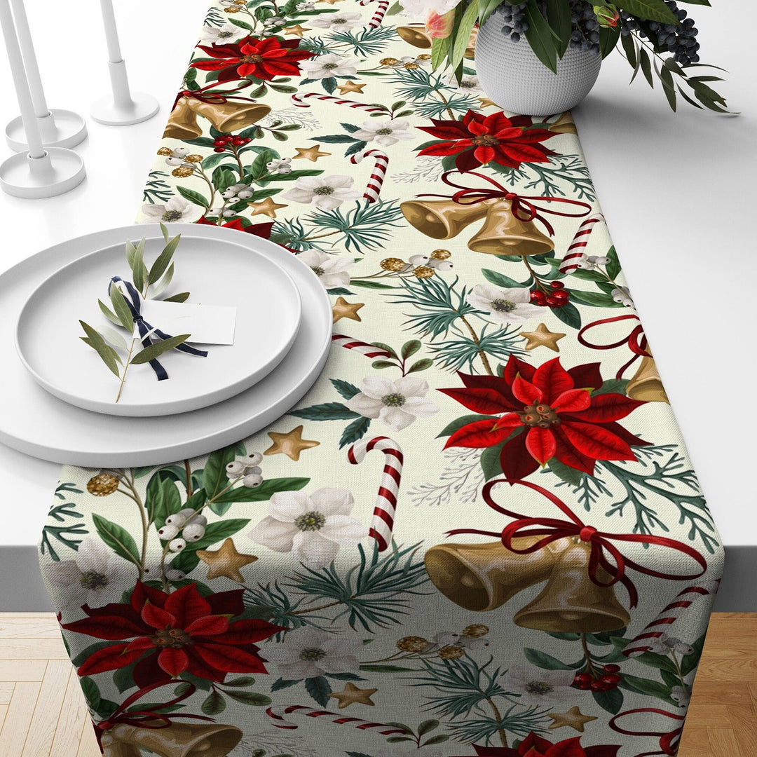 Christmas Table Runner|Winter Trend Tablecloth|Floral Xmas Bell Home Decor|Christmas Bell Print Runner|Decorative Farmhouse Xmas Tabletop