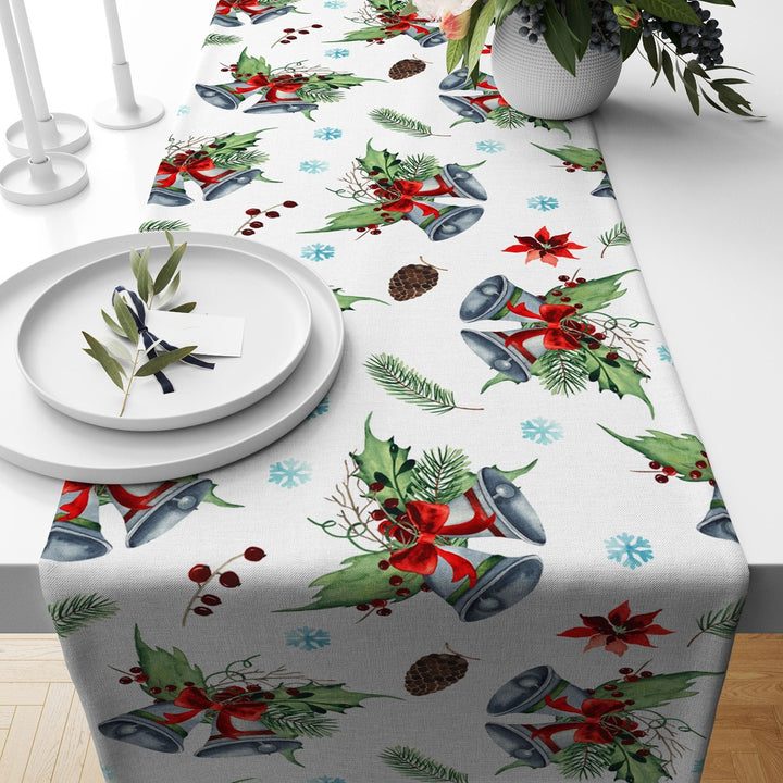 Christmas Table Runner|Winter Trend Tablecloth|Floral Xmas Bell Home Decor|Christmas Bell Print Runner|Decorative Farmhouse Xmas Tabletop