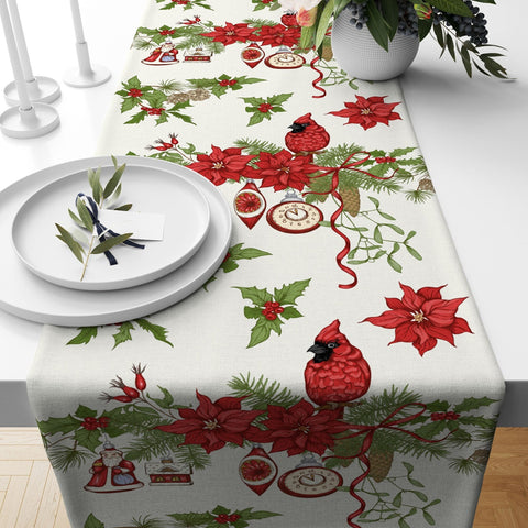 Christmas Table Runner|Winter Trend Tablecloth|Santa Hat and Red Cardinal Bird Home Decor|Xmas Ornaments Runner|Farmhouse Xmas Tabletop