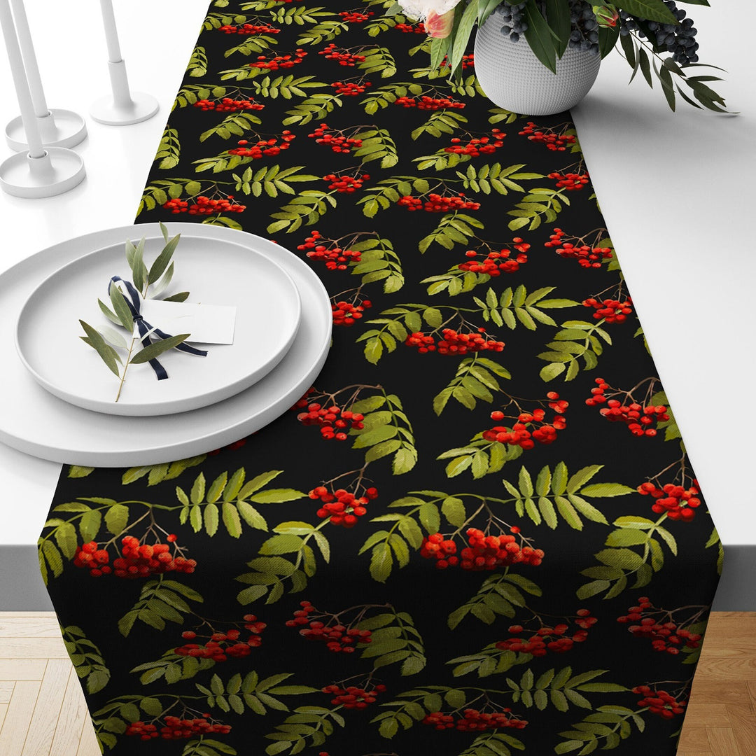 Christmas Table Runner|Winter Trend Tablecloth|Pine Tree Needles and Red Berries Home Decor|Xmas Gift Box and Candle Print Farmhouse Runner