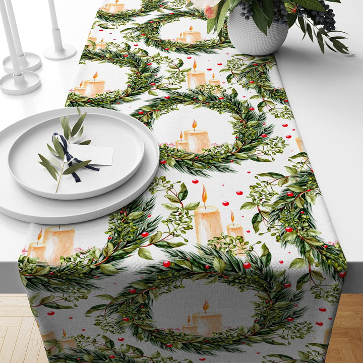 Christmas Table Runner|Winter Trend Tablecloth|Pine Tree Needles and Red Berries Home Decor|Xmas Gift Box and Candle Print Farmhouse Runner