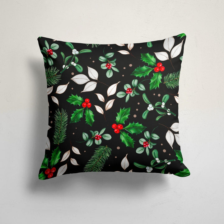 Christmas Pillow Cover|Floral Cushion Case|Leaf Print Xmas Home Decor|Winter Trend Pillow Case|Red Poinsettia and Green Leaves Pillowtop