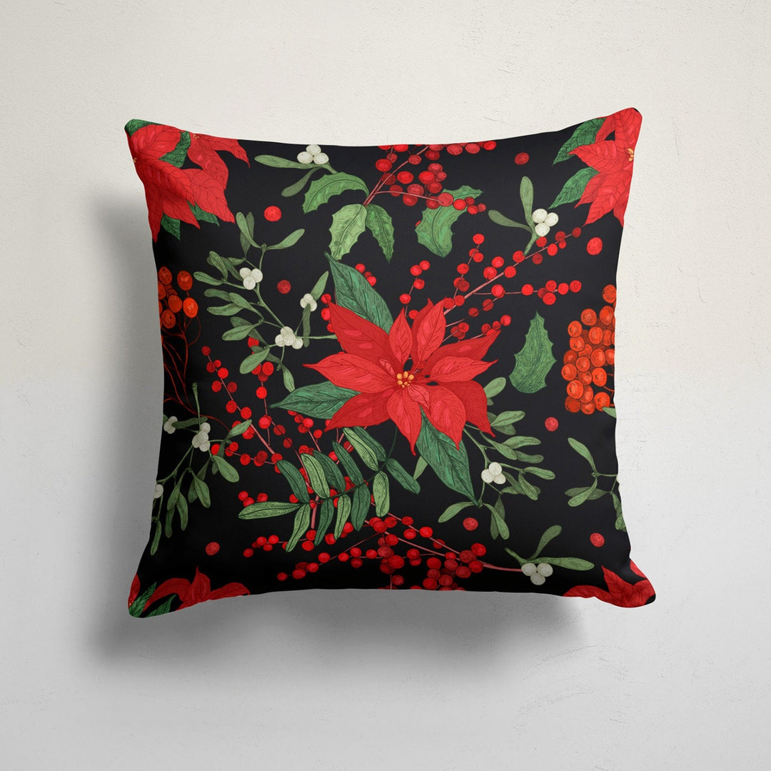 Christmas Pillow Cover|Floral Cushion Case|Leaf Print Xmas Home Decor|Winter Trend Pillow Case|Red Poinsettia and Green Leaves Pillowtop