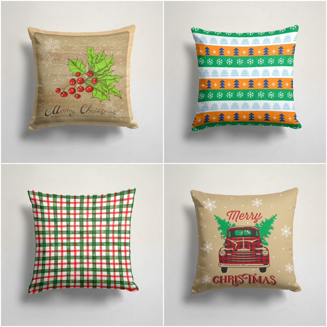 Christmas Pillow Cover|Merry Xmas Cushion Case|Red Berries Green Leaves Home Decor|Winter Trend Pillow Case|Xmas Truck Print Throw Pillowtop