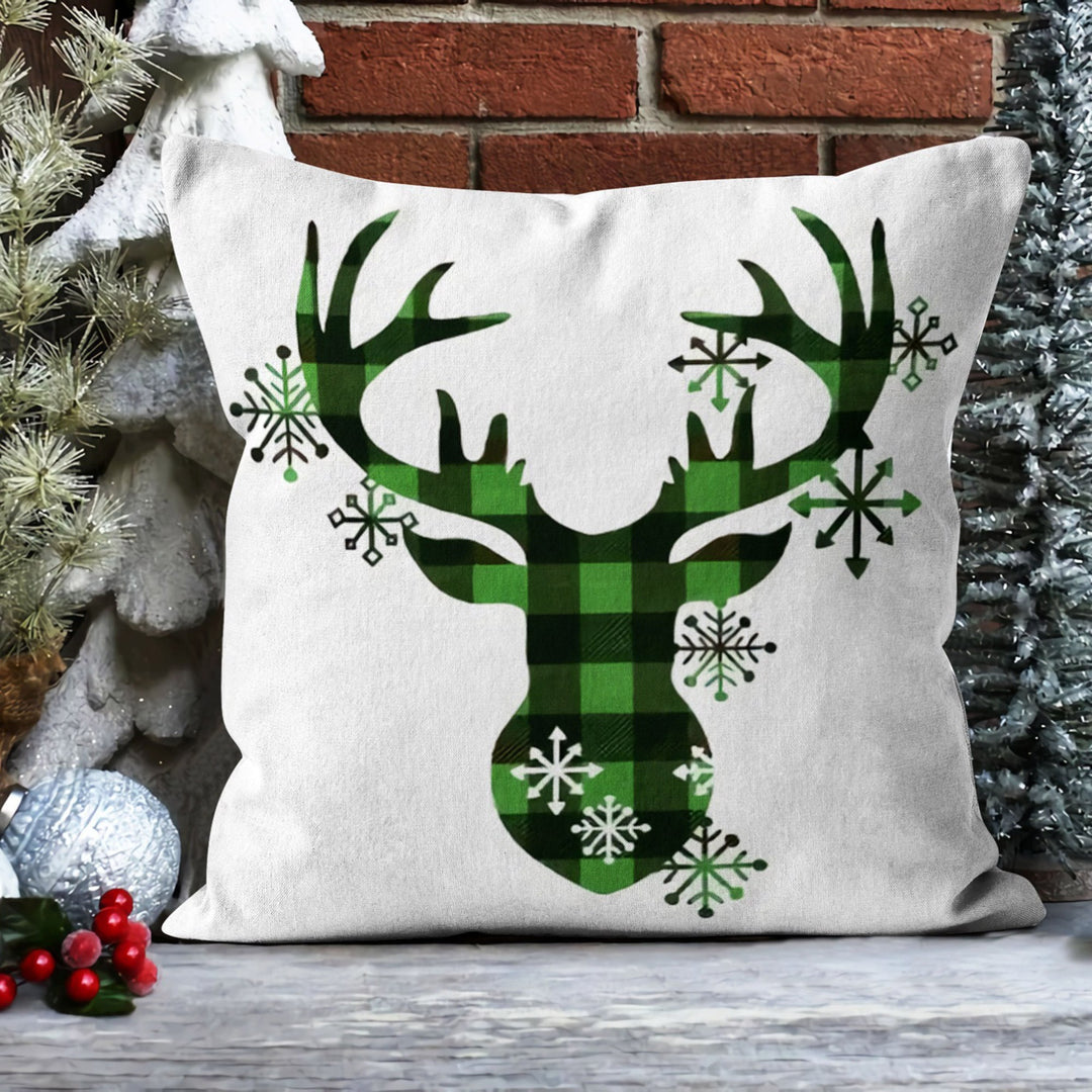 Christmas Pillow Cover|Checkered Xmas Deer Cushion Case|Xmas Home Decor|Winter Trend Pillow Case|Buckhorn and Joy Outdoor Throw Pillowtop