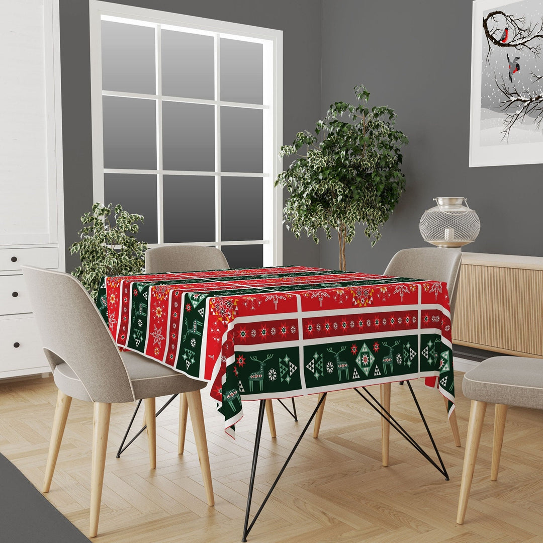 Christmas Tablecloth|Xmas Deer Tabletop|Snowflake Xmas Kitchen Decor|Xmas Tree Outdoor Table Cover|Pixel Art Style Christmas Table Cover