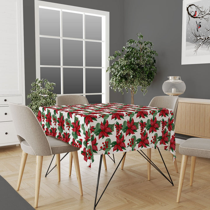 Christmas Tablecloth|Red Poinsettia Tabletop|Red Berries Xmas Kitchen Decor|Housewarming Outdoor Table Cover|Farmhouse Christmas Table Cover