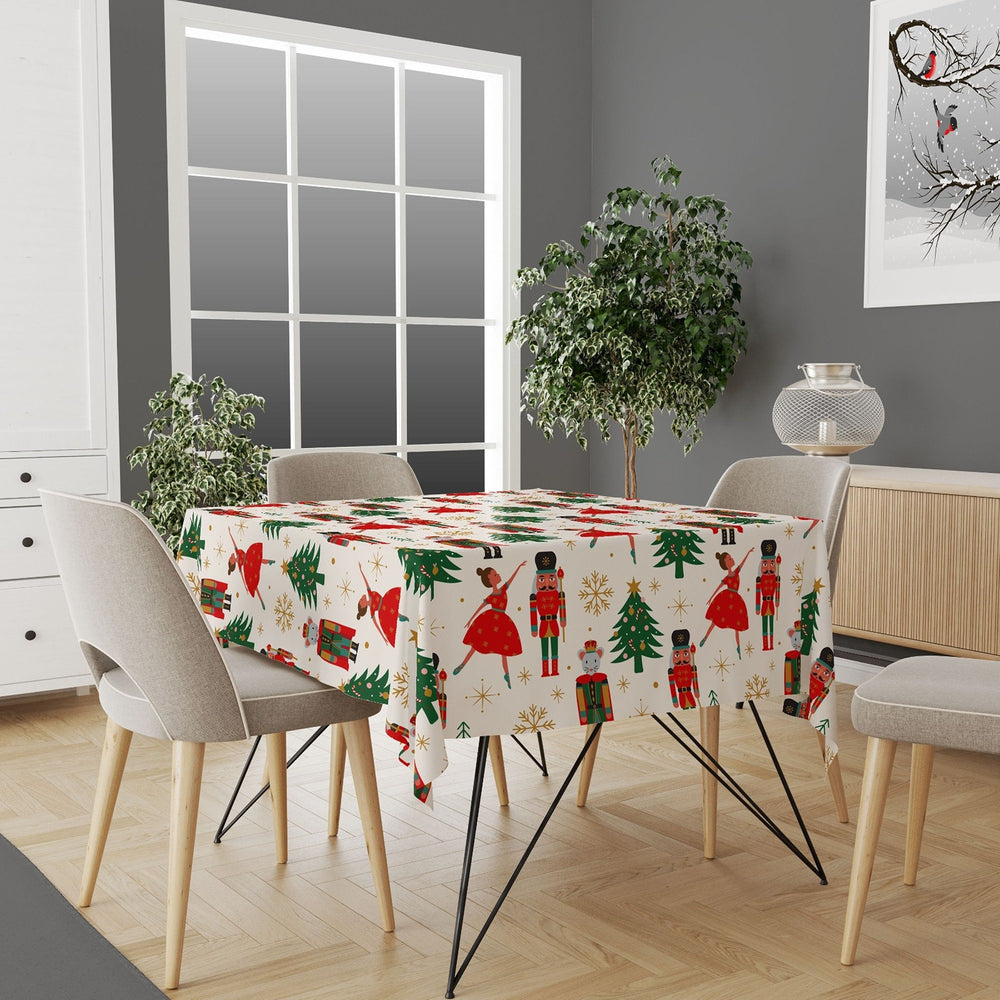 Christmas Tabletop|Pine Tree Tablecloth|Plaid Snowflake Xmas Kitchen Decor|Nutcracker Print Table Cover|Farmhouse Christmas Table Cover