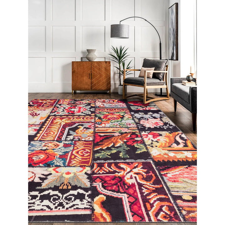 Floral Patchwork Rug|Machine-Washable Non-Slip Rug|Floral Kilim Carpet|Traditional Multi-Purpose Anti-Slip Carpet|Decorative Flower Rug